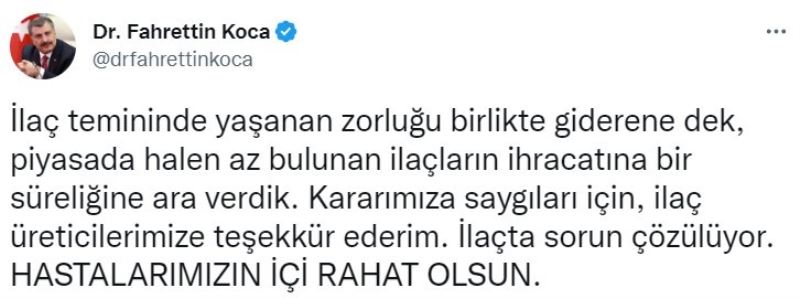 Bakan Koca: “İlaçta sorun çözülüyor, hastalarımızın içi rahat olsun”
