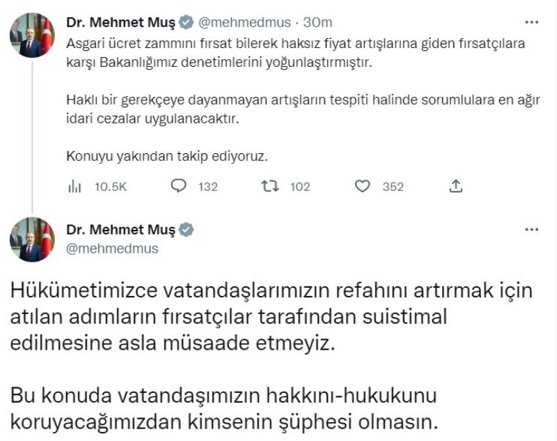 Ticaret Bakanı Muş: “Haklı gerekçeye dayanmayan artışların tespiti halinde sorumlulara ağır idari cezalar uygulanacaktır”
