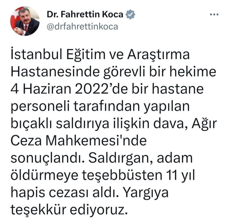 Doktora bıçakla saldıran temizlik görevlisine 11 yıl hapis cezası
