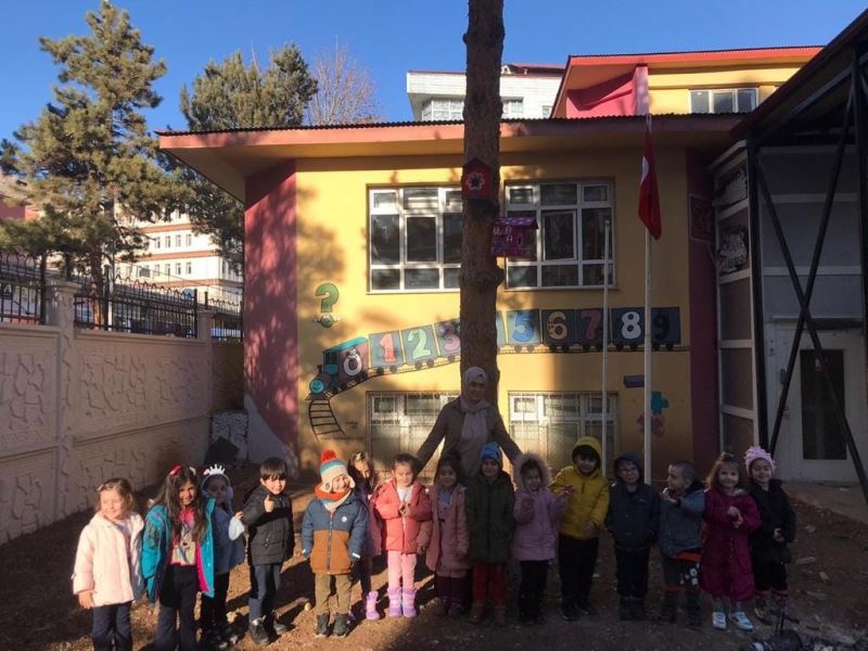 Anaokulu öğrencilerinin tasarladığı kuş evleri okul bahçesindeki yerini aldı
