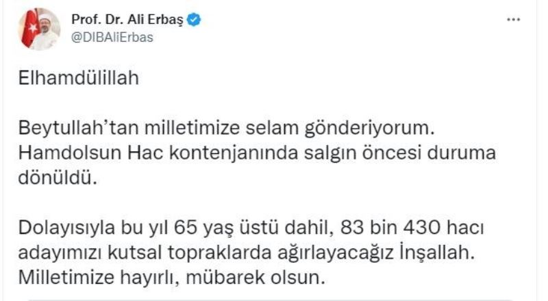 Diyanet İşleri Erbaş: “65 yaş üstü dahil, 83 bin 430 hacı adayımızı kutsal topraklarda ağırlayacağız”
