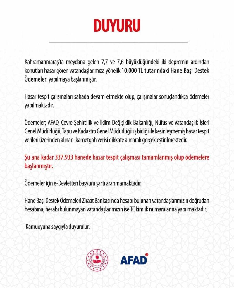 AFAD, konutları hasar gören depremzedelere 10 bin lira destek ödemesi başlatıldığını duyurdu
