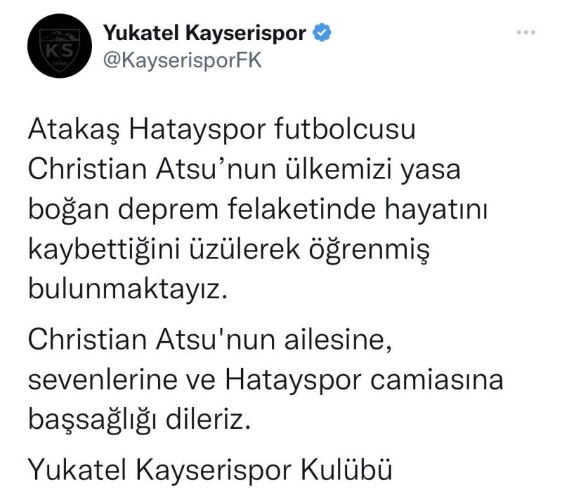 Kayserispor’dan Atsu için başsağlığı mesajı
