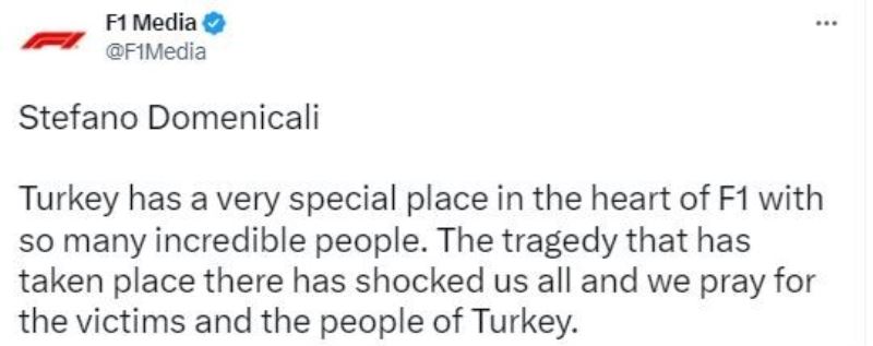Formula 1’den, Türkiye’ye geçmiş olsun mesajı
