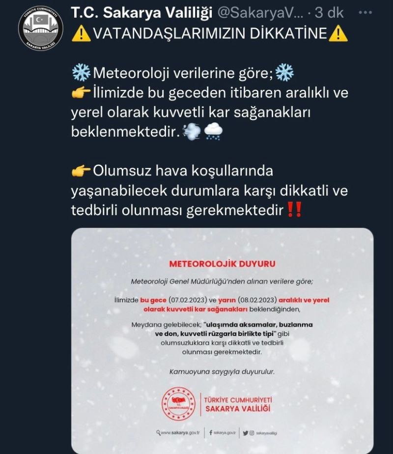 Sakarya için kuvvetli kar uyarısı
