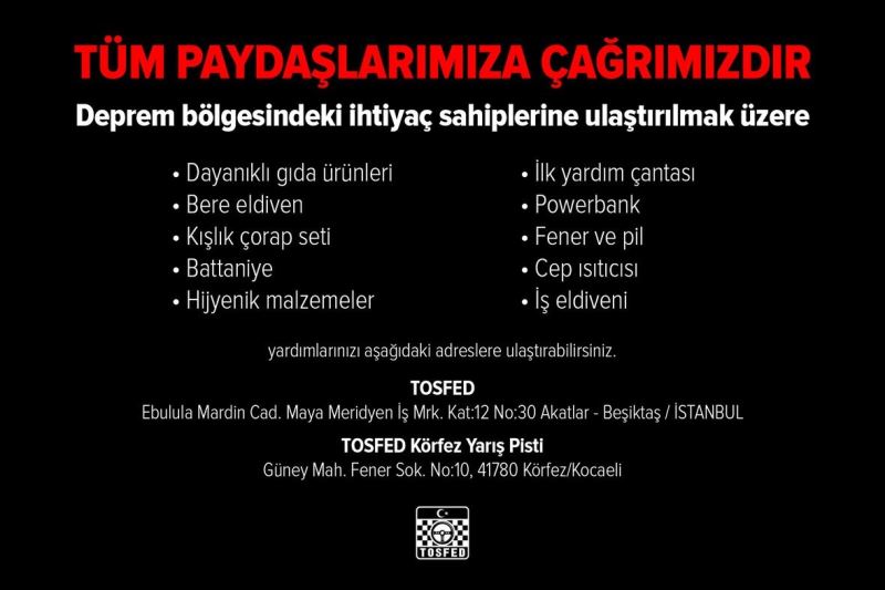 TOSFED, depremzedeler için yardım çağrısında bulundu
