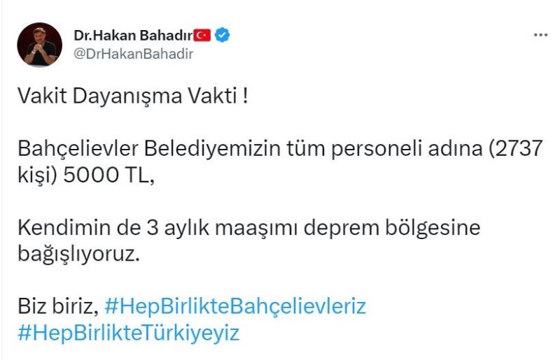 Bahçelievler Belediyesinden deprem bölgesi için 14 milyon TL bağış
