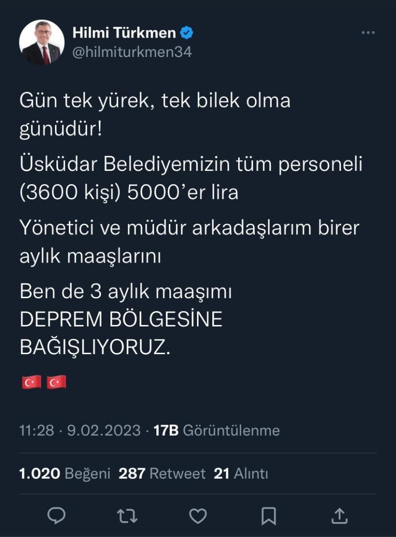 Üsküdar Belediyesi çalışanları maaşlarını deprem bölgesine bağışlayacak
